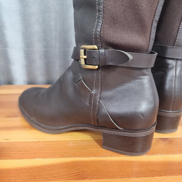 Franco Sarto Brown Knee High Riding Boots Chrome Zip Up Size 8.5M Neoprene Calf - Picture 7 of 16